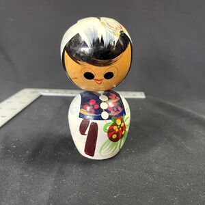 Korean Made Asian Wood Bobblehead Doll White Dress Female Vtg 5”